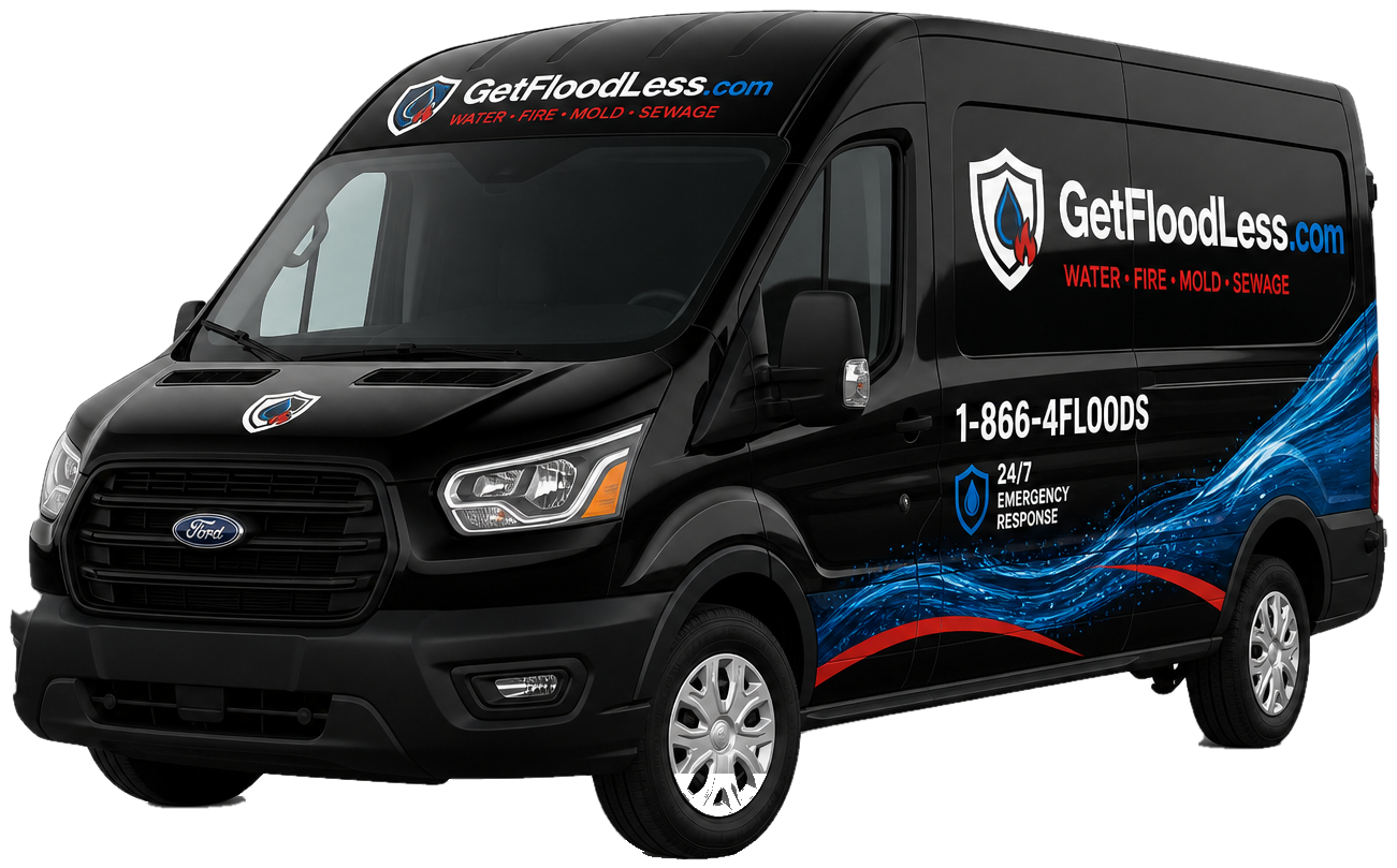 Black GetFloodLess.com branded van